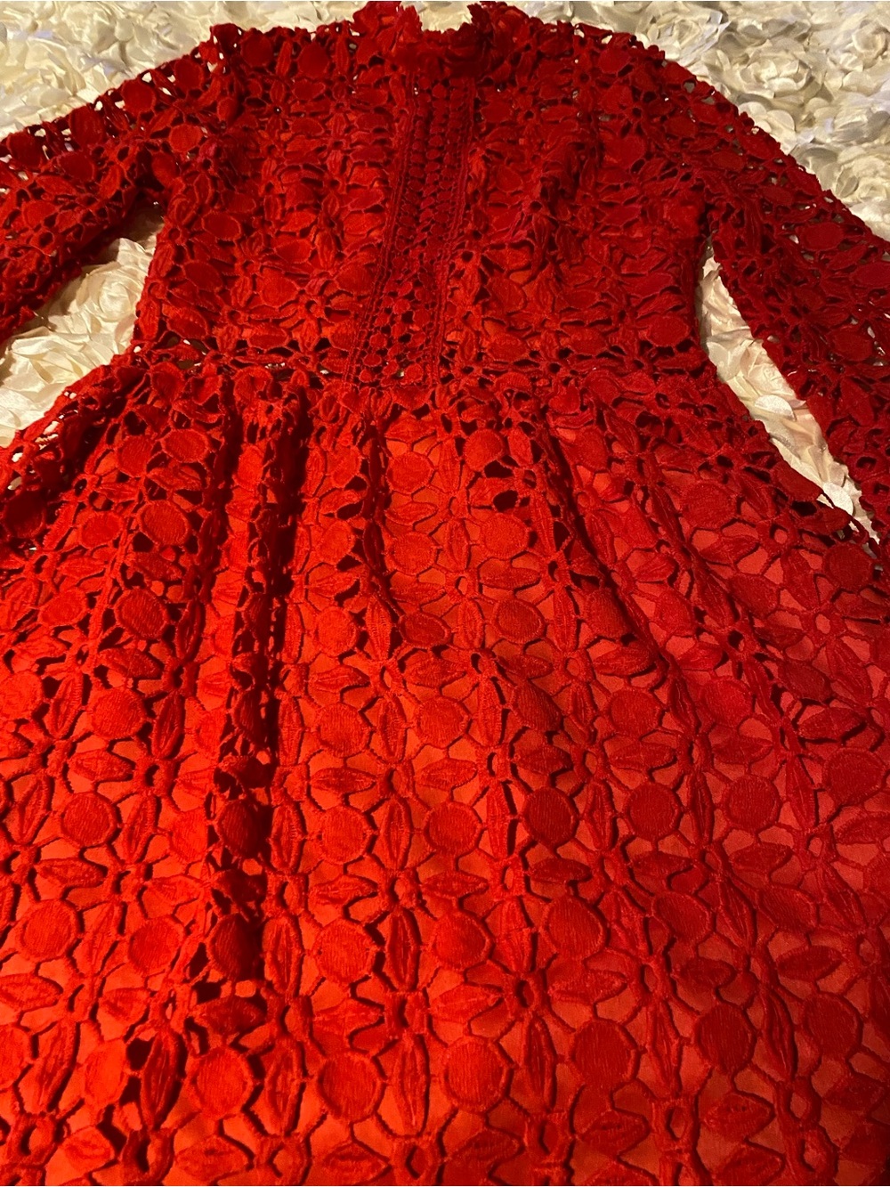 Women's Red Floral Lace Long-Sleeve Dress